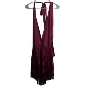 TikTok Shop Women’s Tassel Tie Back Deep V Neck BodyCon Romper Burgundy Size XL
